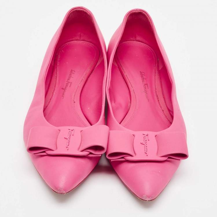 Pre Owned Salvatore Ferragamo Pink Leather Viva Bow Ballet Flats Size 40
