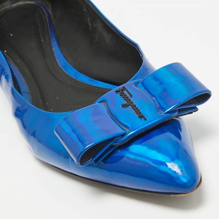Pre Owned Salvatore Ferragamo Metallic Blue Patent Leather Viva Bow Ballet Flats Size 40