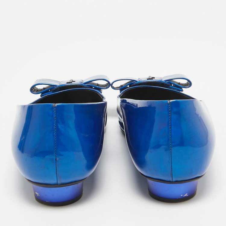 Pre Owned Salvatore Ferragamo Metallic Blue Patent Leather Viva Bow Ballet Flats Size 40