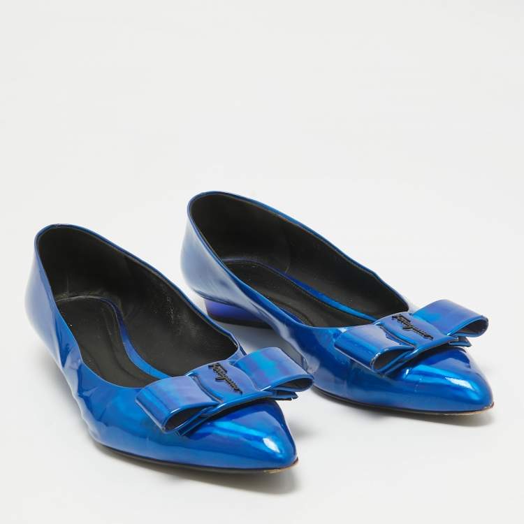 Pre Owned Salvatore Ferragamo Metallic Blue Patent Leather Viva Bow Ballet Flats Size 40