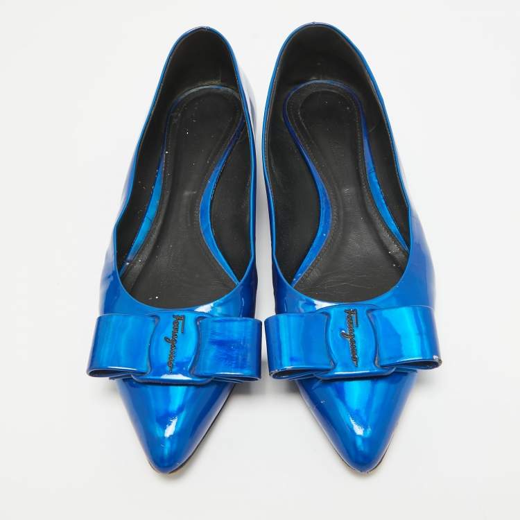 Pre Owned Salvatore Ferragamo Metallic Blue Patent Leather Viva Bow Ballet Flats Size 40