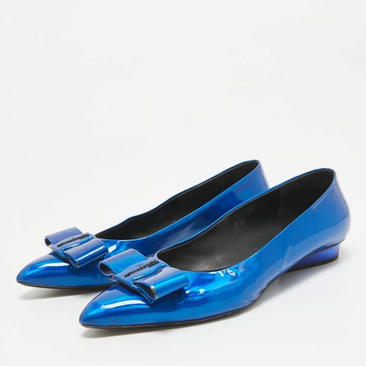 Pre Owned Salvatore Ferragamo Metallic Blue Patent Leather Viva Bow Ballet Flats Size 40