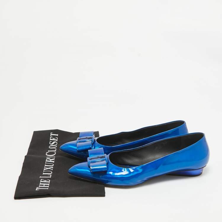 Pre Owned Salvatore Ferragamo Metallic Blue Patent Leather Viva Bow Ballet Flats Size 40