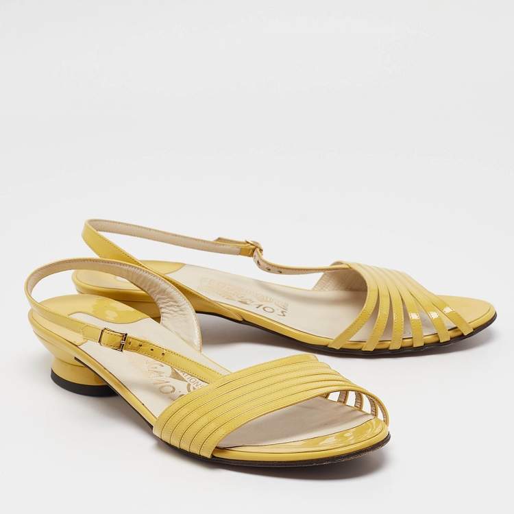 Pre Owned Salvatore Ferragamo Yellow Patent Leather Slingback Sandals Size 39.5