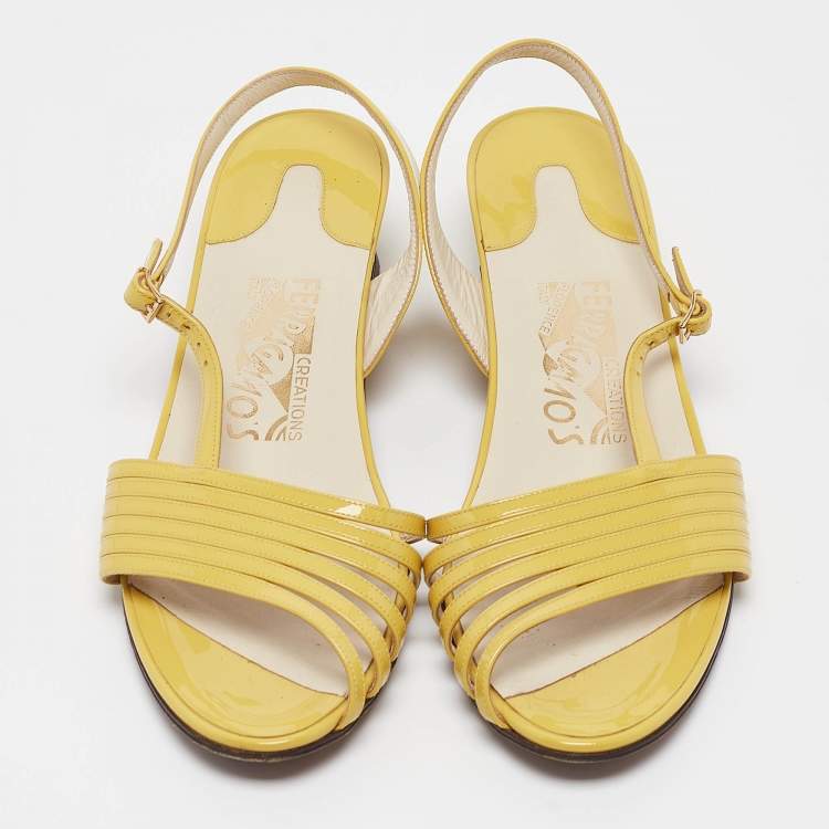 Pre Owned Salvatore Ferragamo Yellow Patent Leather Slingback Sandals Size 39.5
