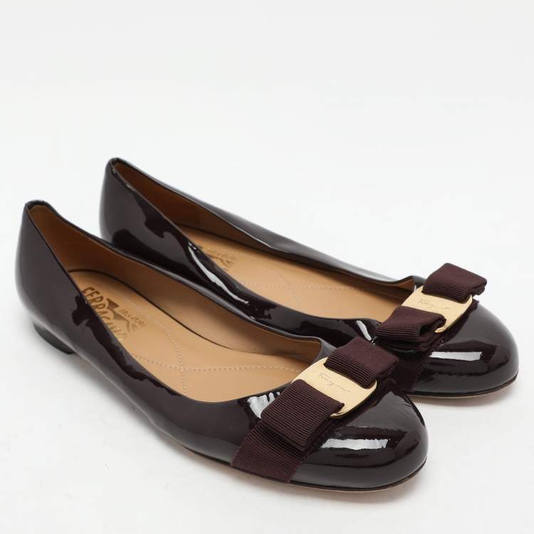 Pre Owned Salvatore Ferragamo Burgundy Patent Leather Varina Bow Ballet Flats Size 37