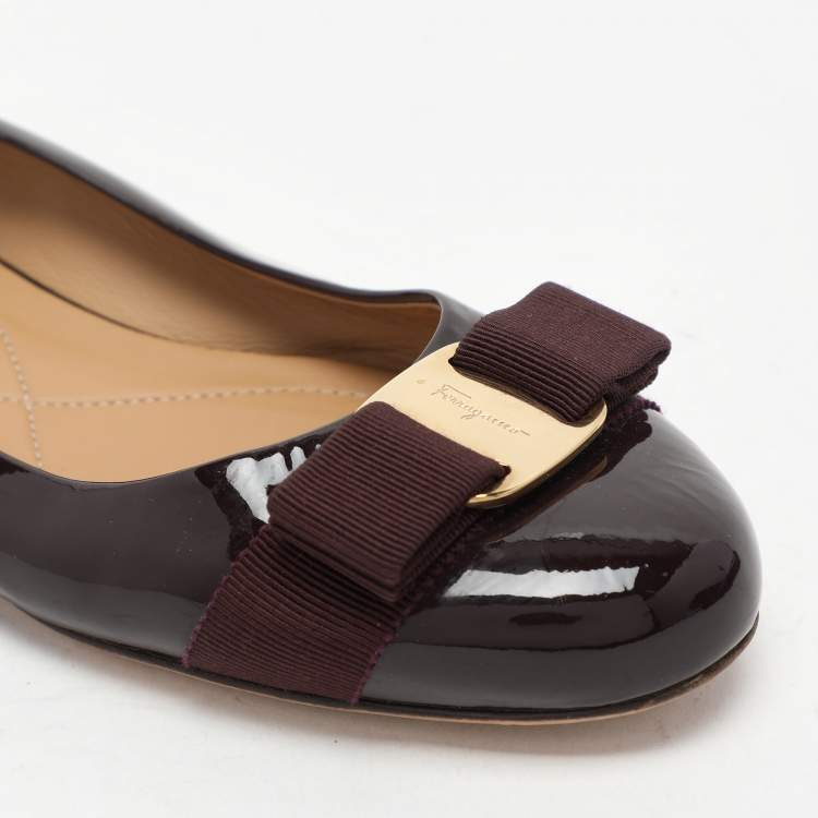 Pre Owned Salvatore Ferragamo Burgundy Patent Leather Varina Bow Ballet Flats Size 37