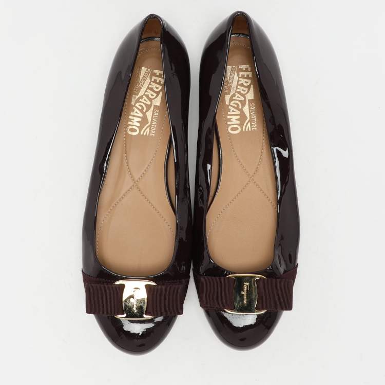 Pre Owned Salvatore Ferragamo Burgundy Patent Leather Varina Bow Ballet Flats Size 37