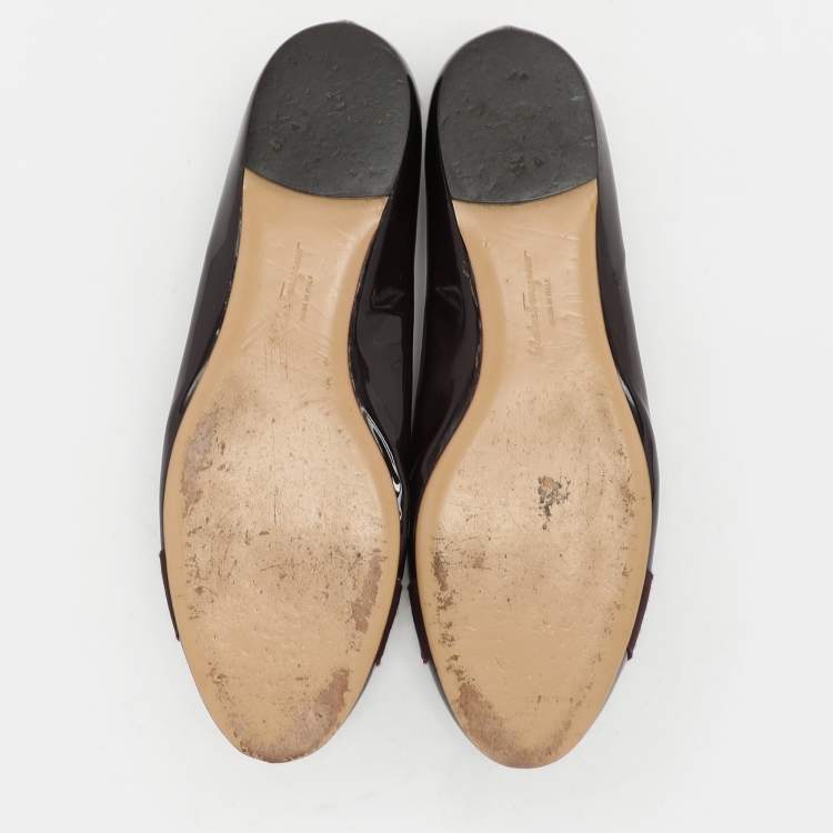 Pre Owned Salvatore Ferragamo Burgundy Patent Leather Varina Bow Ballet Flats Size 37