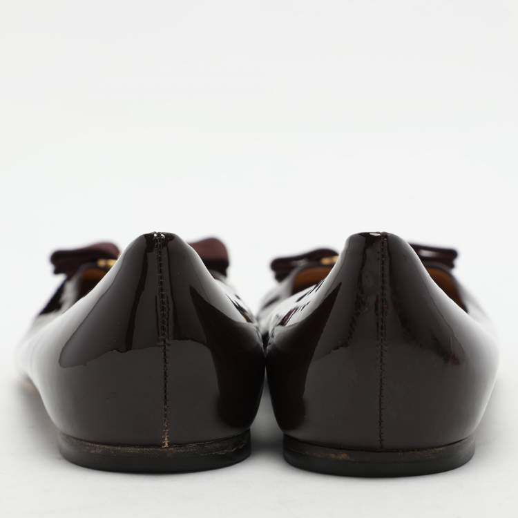Pre Owned Salvatore Ferragamo Burgundy Patent Leather Varina Bow Ballet Flats Size 37