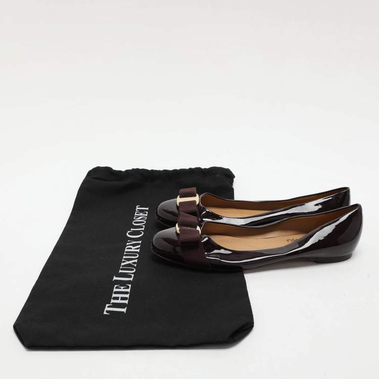 Pre Owned Salvatore Ferragamo Burgundy Patent Leather Varina Bow Ballet Flats Size 37