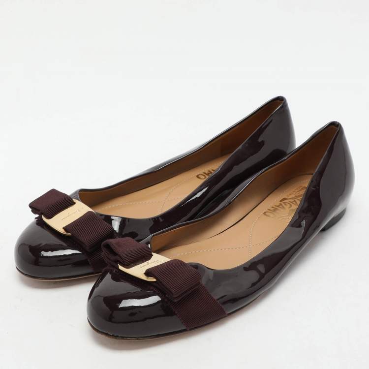Pre Owned Salvatore Ferragamo Burgundy Patent Leather Varina Bow Ballet Flats Size 37