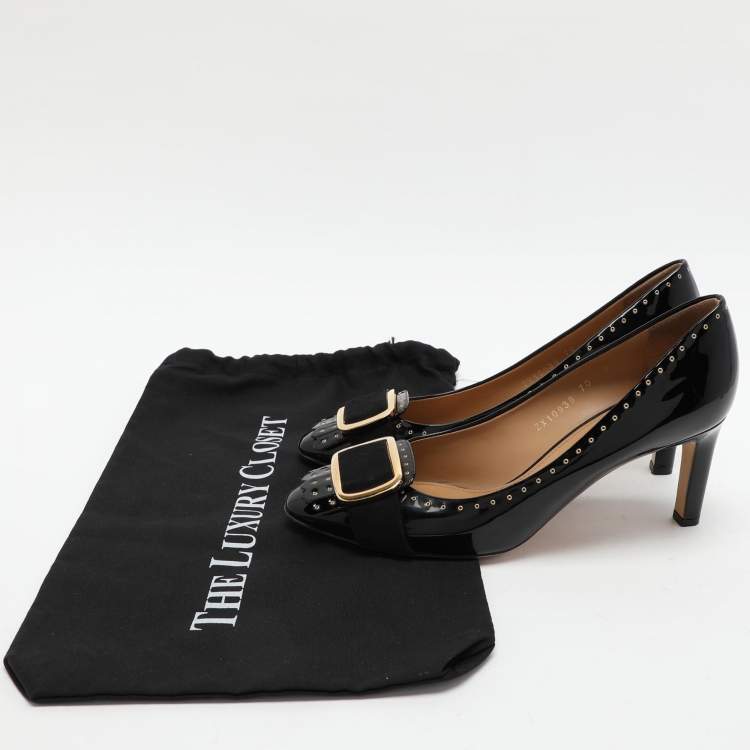 Pre Owned Salvatore Ferragamo Black Patent Leather Embellished Pumps Size 39.5