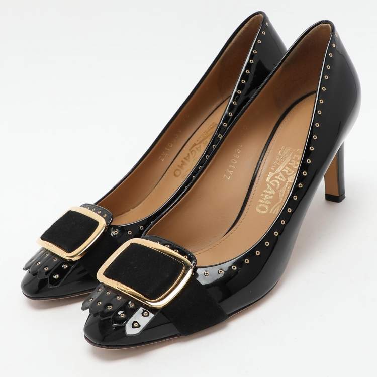 Pre Owned Salvatore Ferragamo Black Patent Leather Embellished Pumps Size 39.5