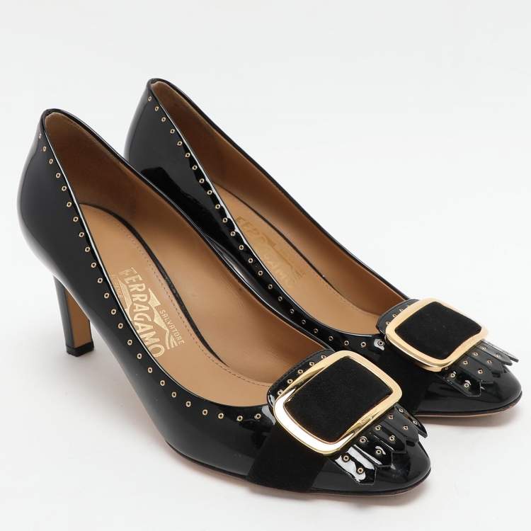 Pre Owned Salvatore Ferragamo Black Patent Leather Embellished Pumps Size 39.5