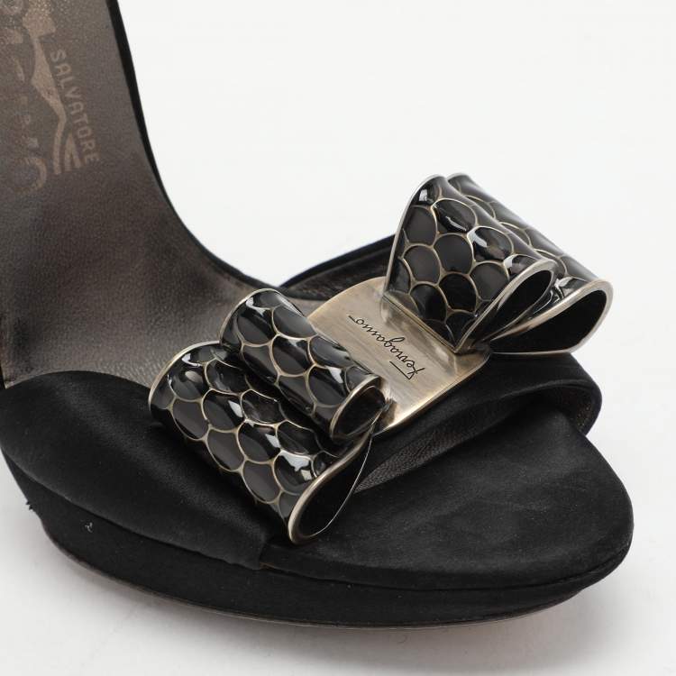 Pre Owned Salvatore Ferragamo Black Satin Bow Embellished Ankle Strap Sandals Size 38