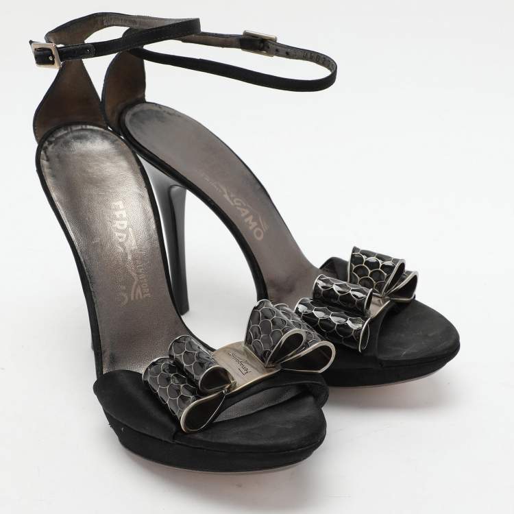 Pre Owned Salvatore Ferragamo Black Satin Bow Embellished Ankle Strap Sandals Size 38