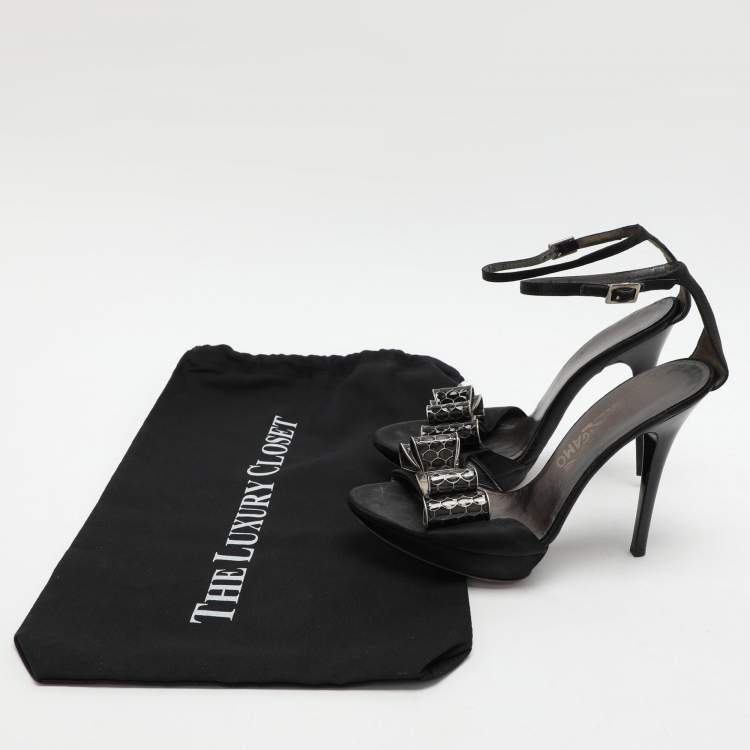 Pre Owned Salvatore Ferragamo Black Satin Bow Embellished Ankle Strap Sandals Size 38