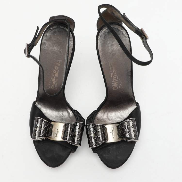 Pre Owned Salvatore Ferragamo Black Satin Bow Embellished Ankle Strap Sandals Size 38