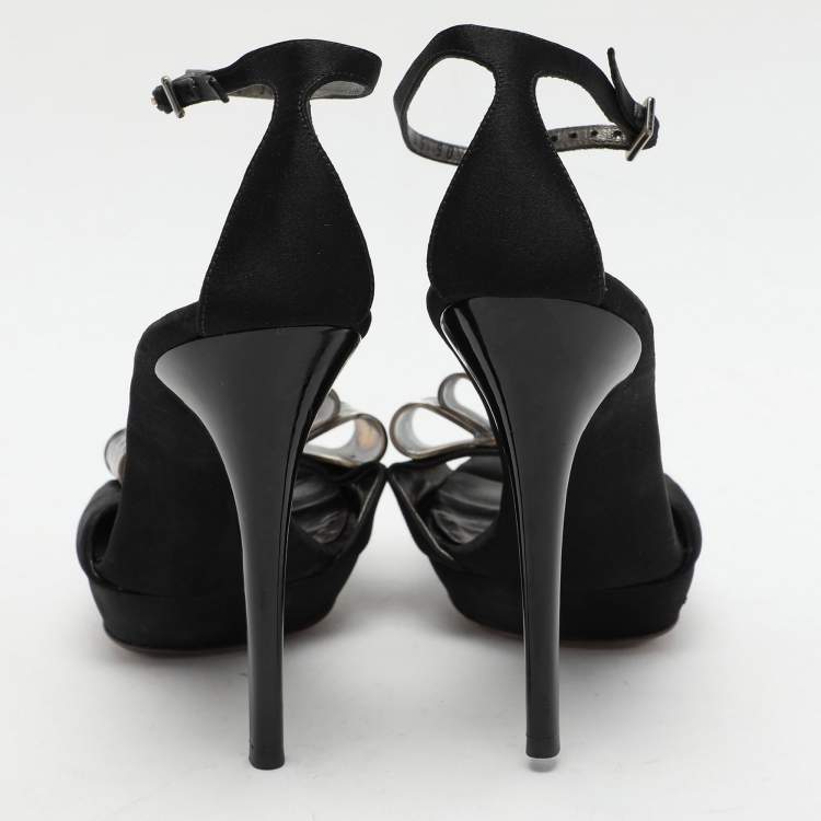 Pre Owned Salvatore Ferragamo Black Satin Bow Embellished Ankle Strap Sandals Size 38