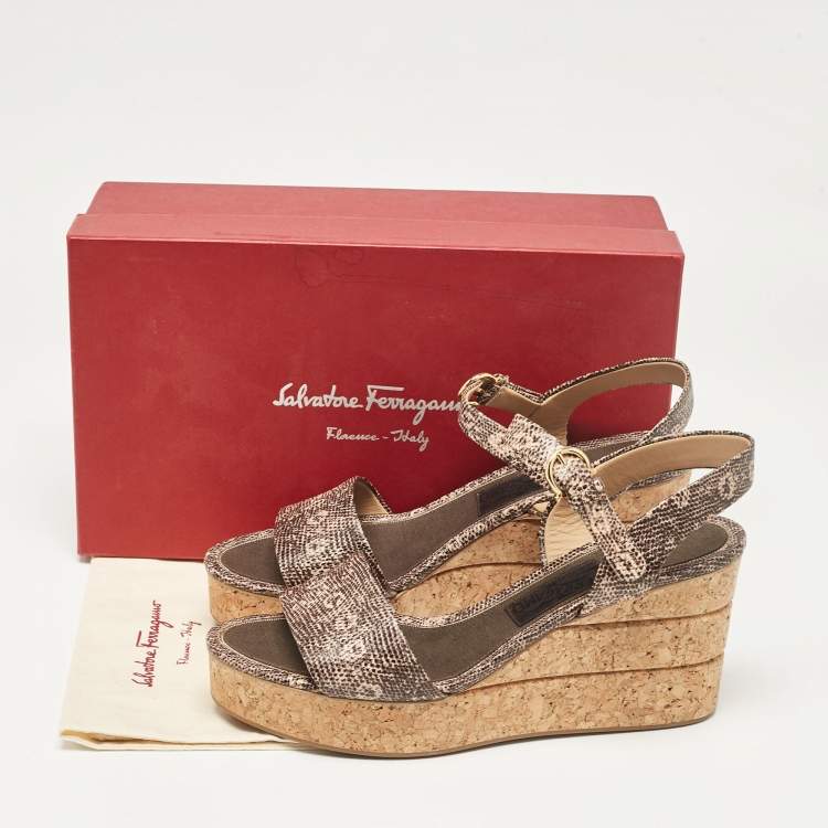 Pre Owned Salvatore Ferragamo Brown Lizard Embossed Leather Madea Cork Wedge Sandals Size 40.5