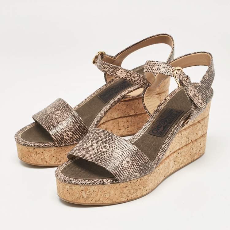 Pre Owned Salvatore Ferragamo Brown Lizard Embossed Leather Madea Cork Wedge Sandals Size 40.5