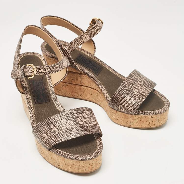 Pre Owned Salvatore Ferragamo Brown Lizard Embossed Leather Madea Cork Wedge Sandals Size 40.5