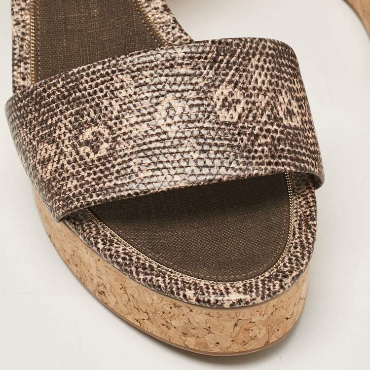 Pre Owned Salvatore Ferragamo Brown Lizard Embossed Leather Madea Cork Wedge Sandals Size 40.5