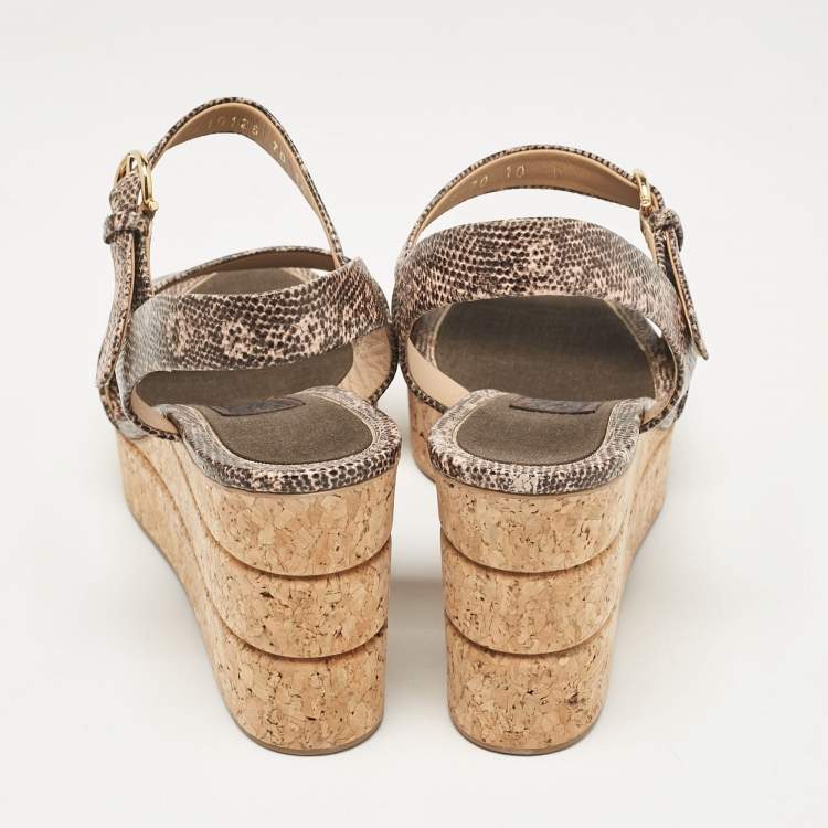 Pre Owned Salvatore Ferragamo Brown Lizard Embossed Leather Madea Cork Wedge Sandals Size 40.5