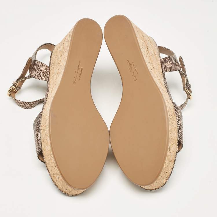 Pre Owned Salvatore Ferragamo Brown Lizard Embossed Leather Madea Cork Wedge Sandals Size 40.5