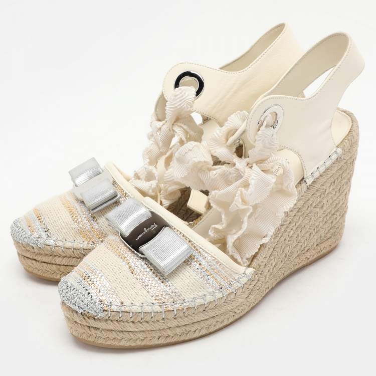Pre Owned Salvatore Ferragamo Multicolor Fabric and Leather Wedge Espadrille Sandals Size 37