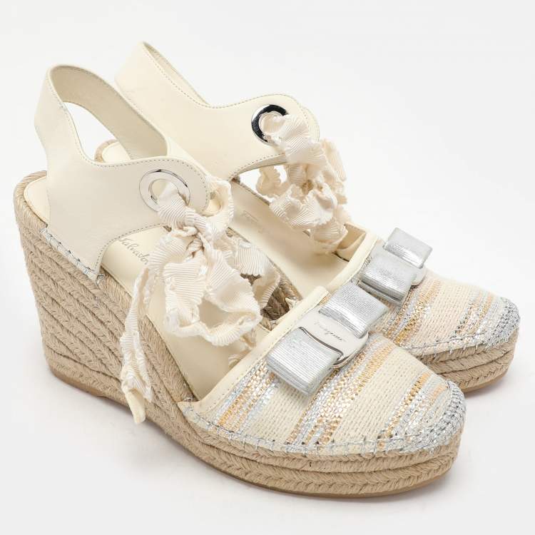 Pre Owned Salvatore Ferragamo Multicolor Fabric and Leather Wedge Espadrille Sandals Size 37