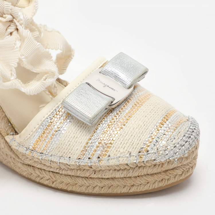Pre Owned Salvatore Ferragamo Multicolor Fabric and Leather Wedge Espadrille Sandals Size 37