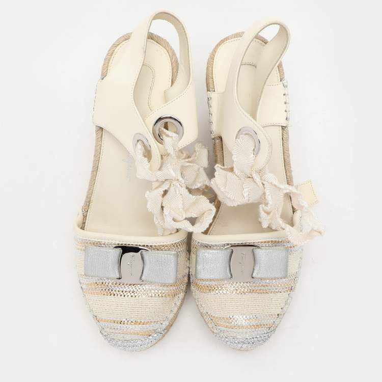 Pre Owned Salvatore Ferragamo Multicolor Fabric and Leather Wedge Espadrille Sandals Size 37