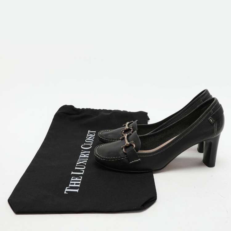 Pre Owned Salvatore Ferragamo Black Leather Gancini Loafer Pumps Size 38.5