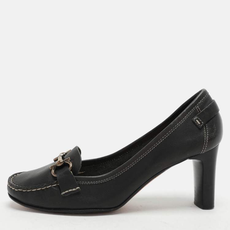 Pre Owned Salvatore Ferragamo Black Leather Gancini Loafer Pumps Size 38.5