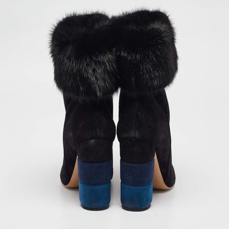 Pre Owned Salvatore Ferragamo Black Fur and Suede Loris Ankle Length Boots Size 40