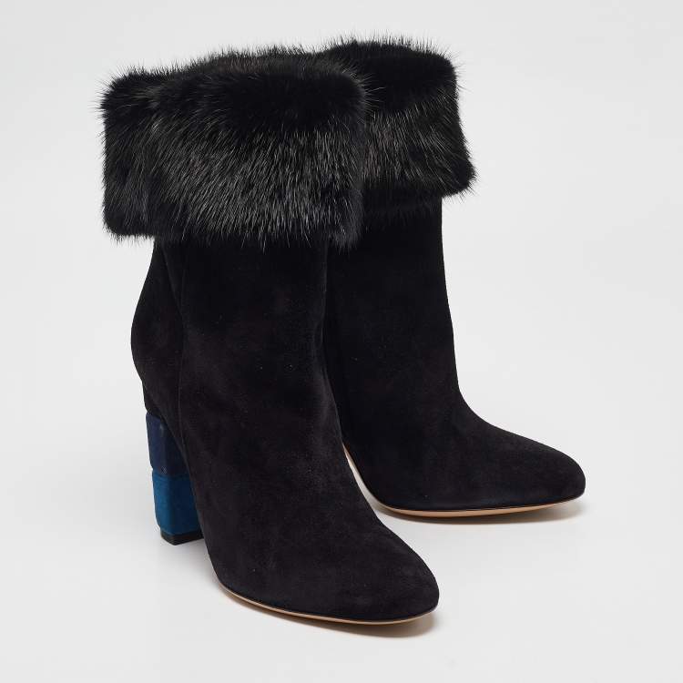 Pre Owned Salvatore Ferragamo Black Fur and Suede Loris Ankle Length Boots Size 40