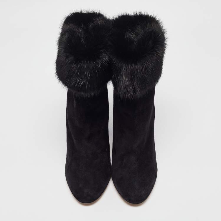 Pre Owned Salvatore Ferragamo Black Fur and Suede Loris Ankle Length Boots Size 40