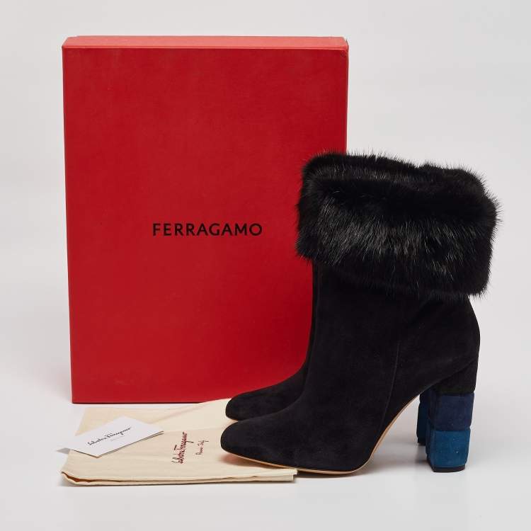 Pre Owned Salvatore Ferragamo Black Fur and Suede Loris Ankle Length Boots Size 40