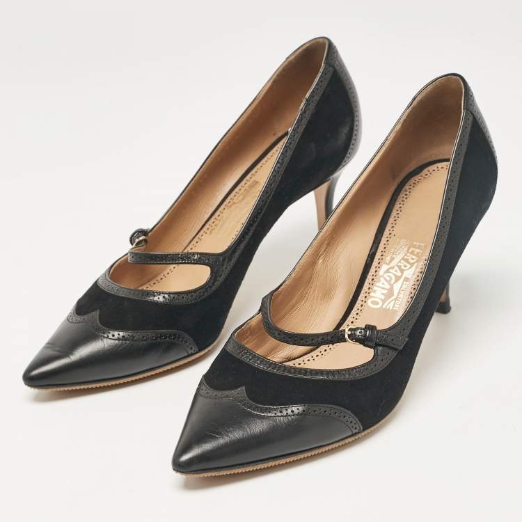 Pre Owned Salvatore Ferragamo Black Leather and Suede Pumps Size 38