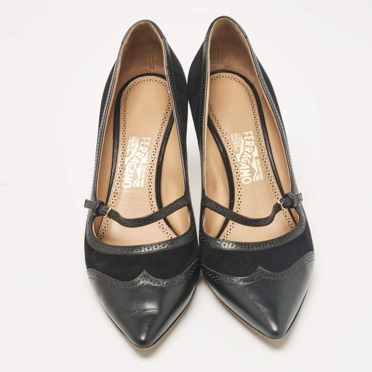 Pre Owned Salvatore Ferragamo Black Leather and Suede Pumps Size 38