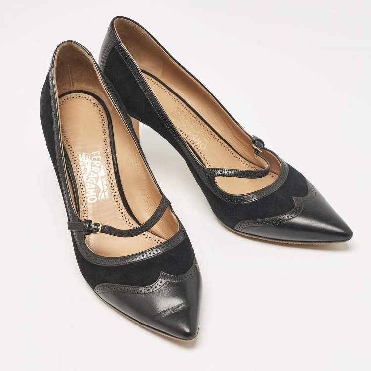 Pre Owned Salvatore Ferragamo Black Leather and Suede Pumps Size 38