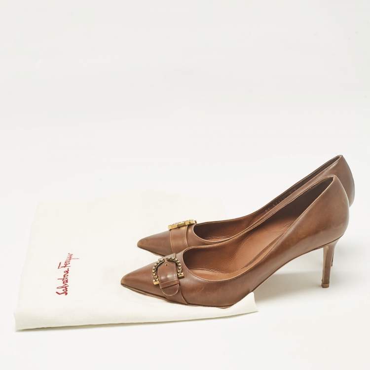 Pre Owned Salvatore Ferragamo Brown Leather Buckle Detail Pumps Size 38