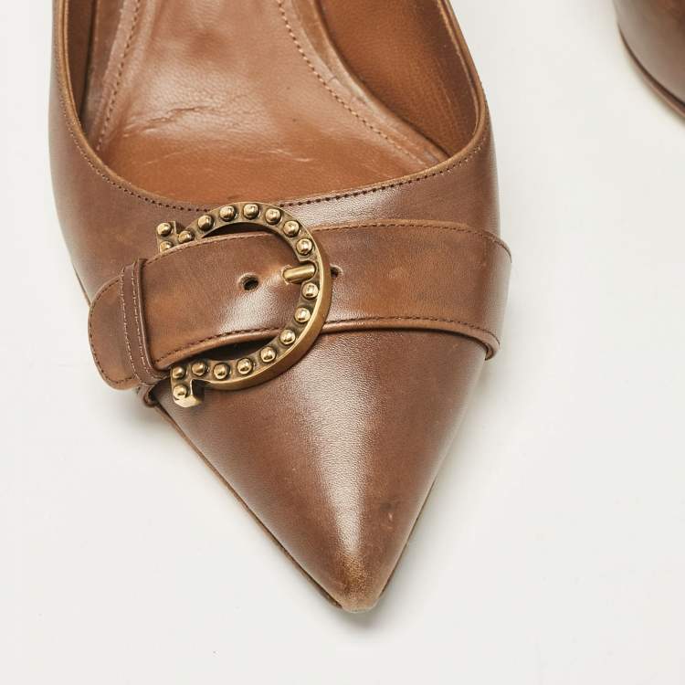 Pre Owned Salvatore Ferragamo Brown Leather Buckle Detail Pumps Size 38