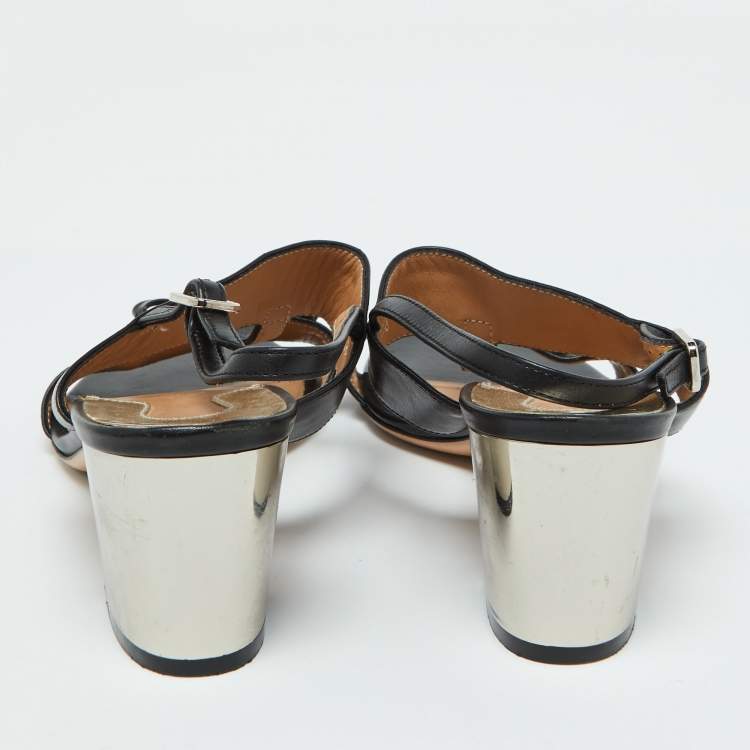 Pre Owned Salvatore Ferragamo Black Leather Bow Strappy Block Heel Sandals Size 37.5