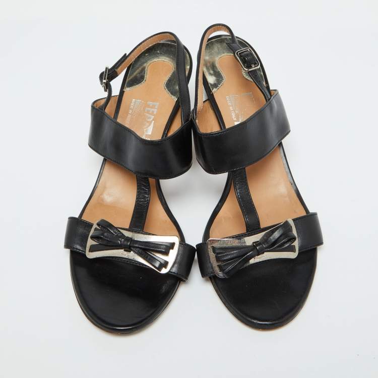 Pre Owned Salvatore Ferragamo Black Leather Bow Strappy Block Heel Sandals Size 37.5