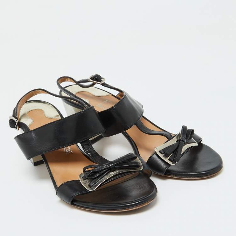 Pre Owned Salvatore Ferragamo Black Leather Bow Strappy Block Heel Sandals Size 37.5