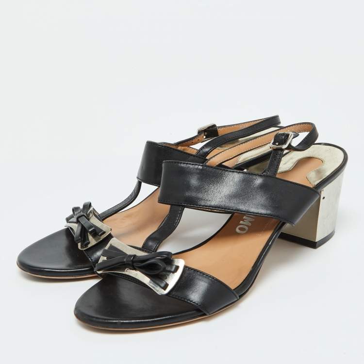 Pre Owned Salvatore Ferragamo Black Leather Bow Strappy Block Heel Sandals Size 37.5
