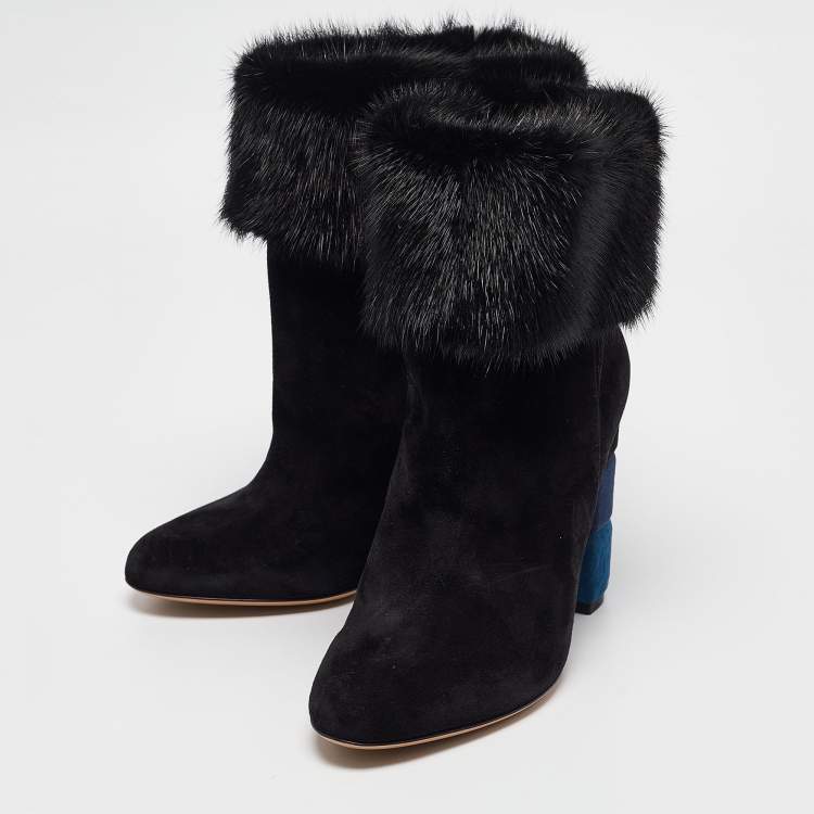Pre Owned Salvatore Ferragamo Black Fur and Suede Knee Length Boots Size 37.5